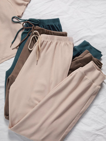 3sets Solid Tee & Tie Front Pants Lounge Set