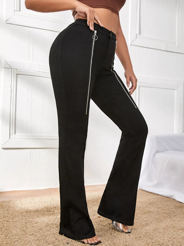 High Waist Zip Detail Bootcut Leg Jeans