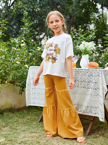 Girls Slogan & Floral Print Drop Shoulder Tee & Flare Leg Pants