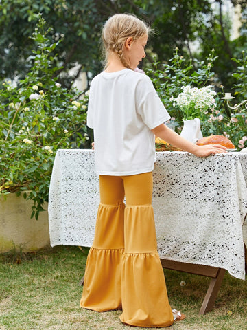 Girls Slogan & Floral Print Drop Shoulder Tee & Flare Leg Pants