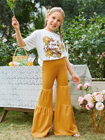 Girls Slogan & Floral Print Drop Shoulder Tee & Flare Leg Pants