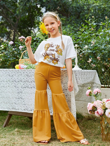 Girls Slogan & Floral Print Drop Shoulder Tee & Flare Leg Pants
