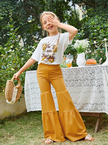 Girls Slogan & Floral Print Drop Shoulder Tee & Flare Leg Pants
