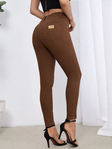 High Waist Patch Detail Skinny Jeans