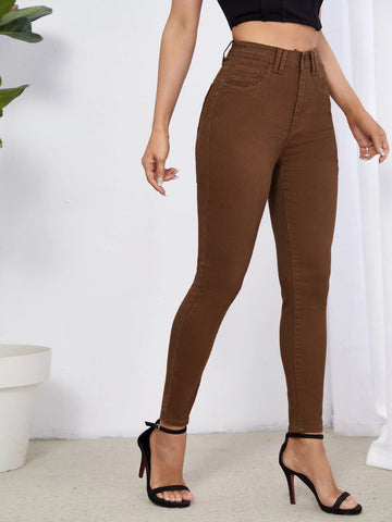 High Waist Patch Detail Skinny Jeans