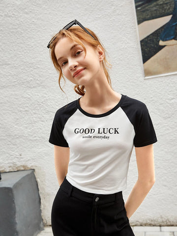 Teen Girls Raglan Sleeve Slogan Graphic Top