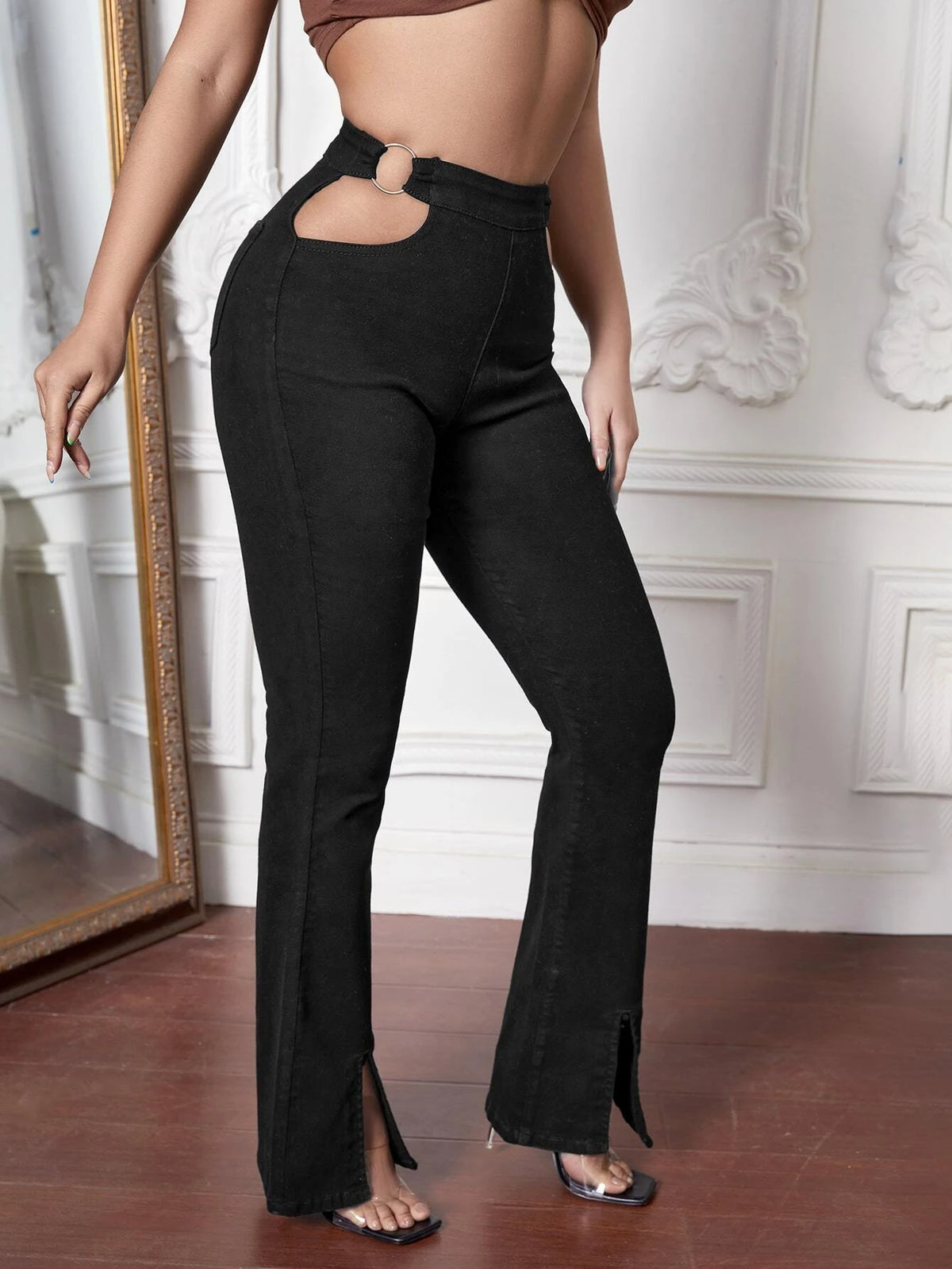 O-ring Cut Out Waist Split Hem Bootcut Jeans