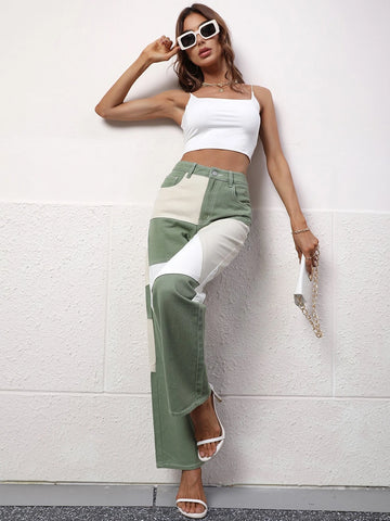 Cut And Sew High Waist Straight Leg Jeans