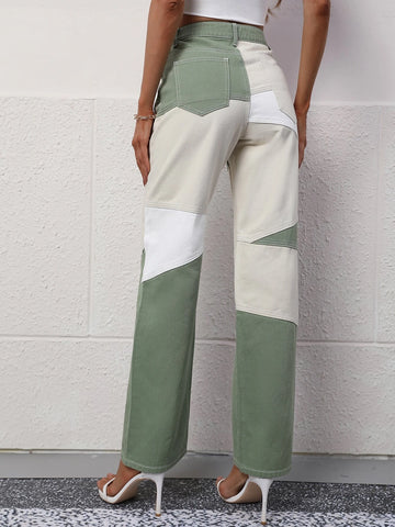 Cut And Sew High Waist Straight Leg Jeans