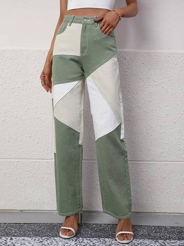 Cut And Sew High Waist Straight Leg Jeans