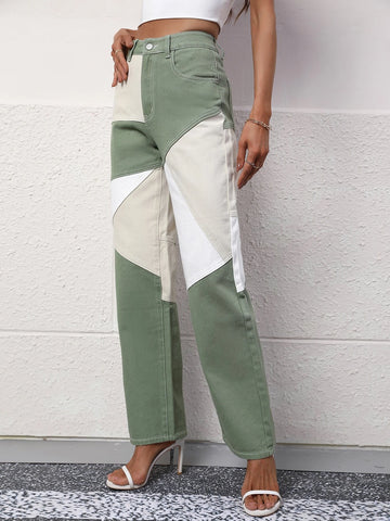 Cut And Sew High Waist Straight Leg Jeans