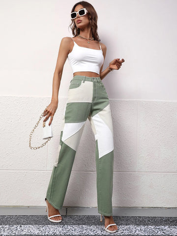 Cut And Sew High Waist Straight Leg Jeans