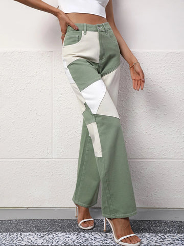 Cut And Sew High Waist Straight Leg Jeans