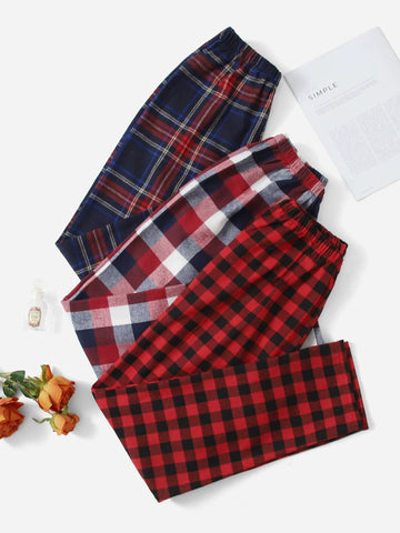 3pcs Tartan & Gingham Print Sleep Pants