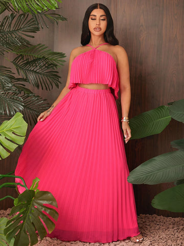 SXY Solid Pleated Halter Top & Skirt