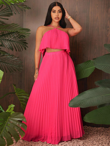 SXY Solid Pleated Halter Top & Skirt