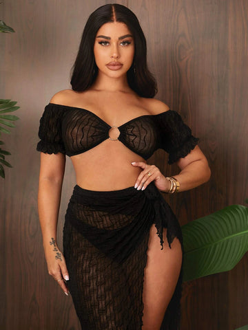 SXY O-ring Ruched Puff Sleeve Crop Tube Top & Split Thigh Tie Side Textured Skirt Without Panty