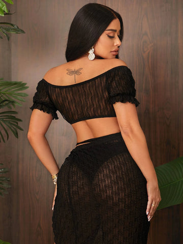 SXY O-ring Ruched Puff Sleeve Crop Tube Top & Split Thigh Tie Side Textured Skirt Without Panty