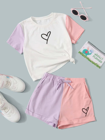 Girls Heart Print Colorblock Tee & Knot Front Shorts