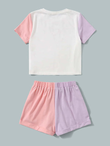 Girls Heart Print Colorblock Tee & Knot Front Shorts