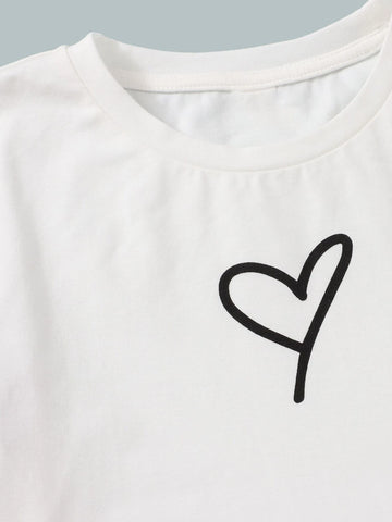 Girls Heart Print Colorblock Tee & Knot Front Shorts