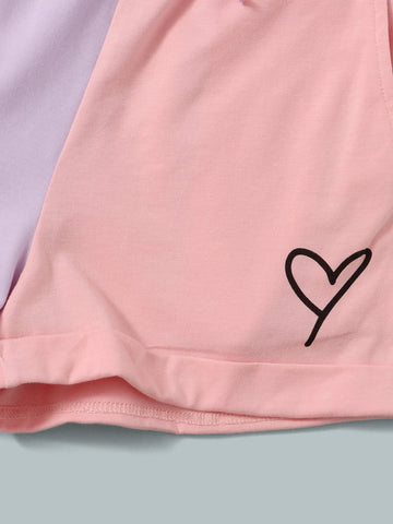 Girls Heart Print Colorblock Tee & Knot Front Shorts