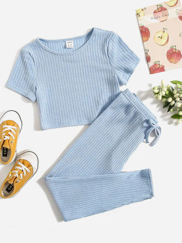 Girls Rib-knit Top & Bow Waist Leggings Set