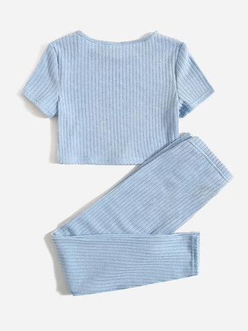 Girls Rib-knit Top & Bow Waist Leggings Set