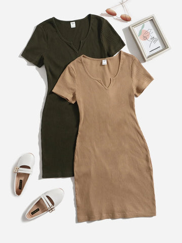 Teen Girls 2pcs Notched Neck Ribbed Knit Dress