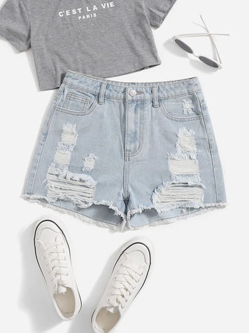 Teen Girls Ripped Raw Hem Denim Shorts
