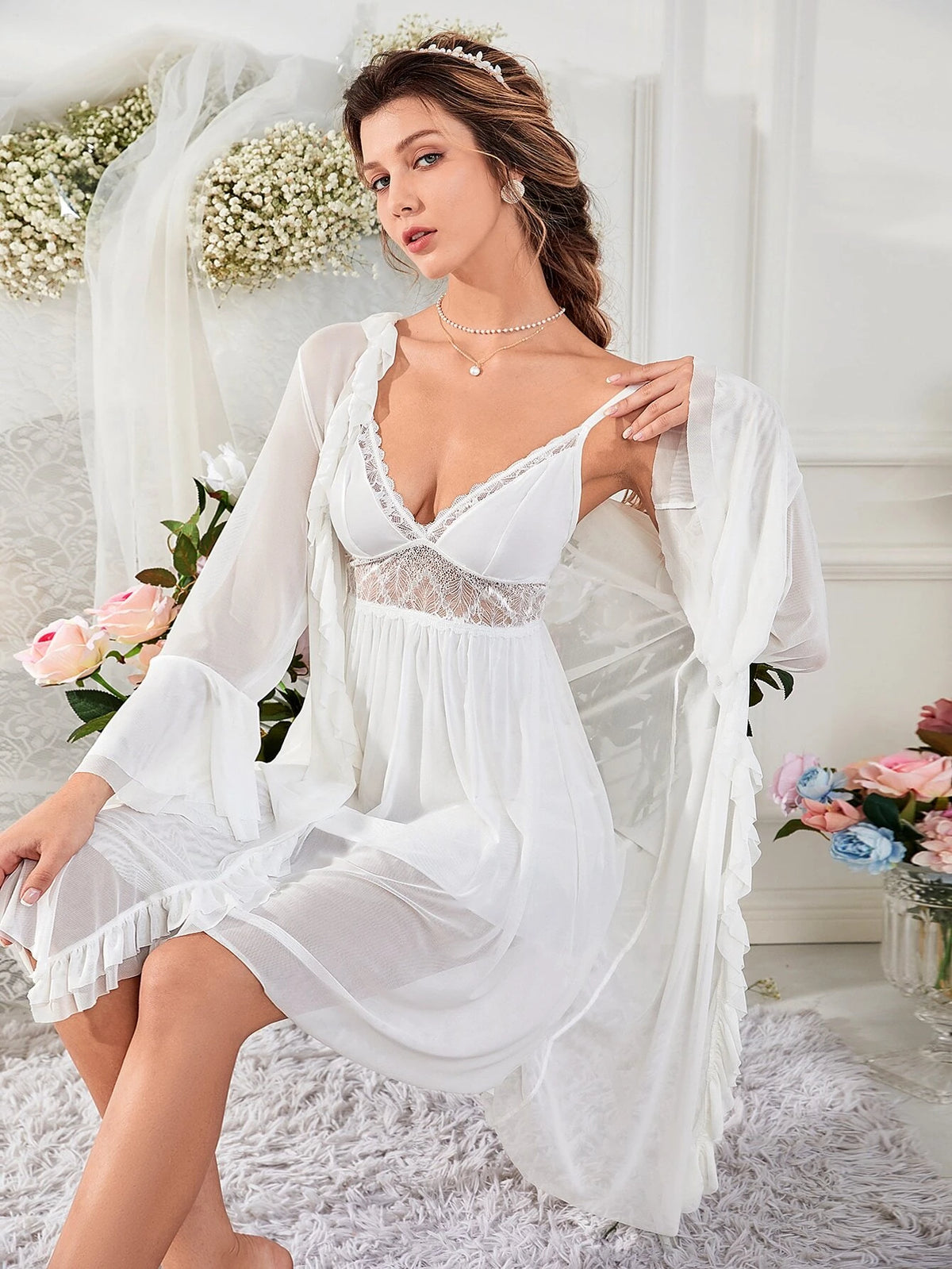 Ruffle Trim Flounce Sleeve Robe & Contrast Lace Cami Sleep Dress PJ Set