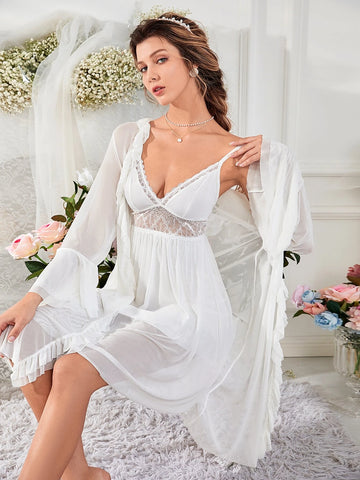 Ruffle Trim Flounce Sleeve Robe & Contrast Lace Cami Sleep Dress PJ Set