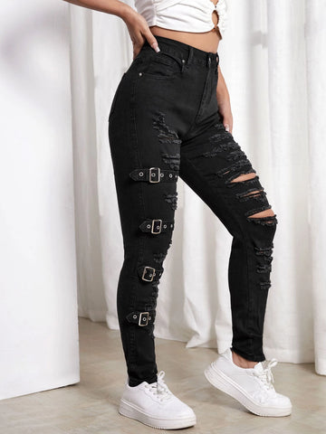 Ripped Grommet Eyelet Buckled Jeans