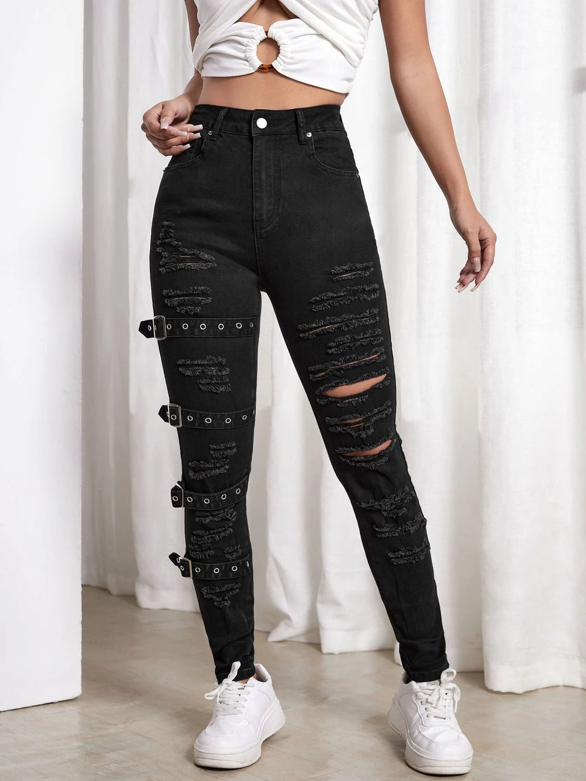 Ripped Grommet Eyelet Buckled Jeans