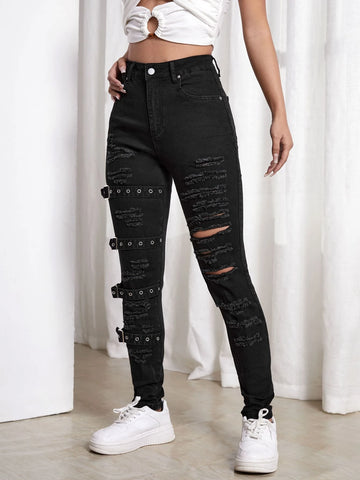 Ripped Grommet Eyelet Buckled Jeans