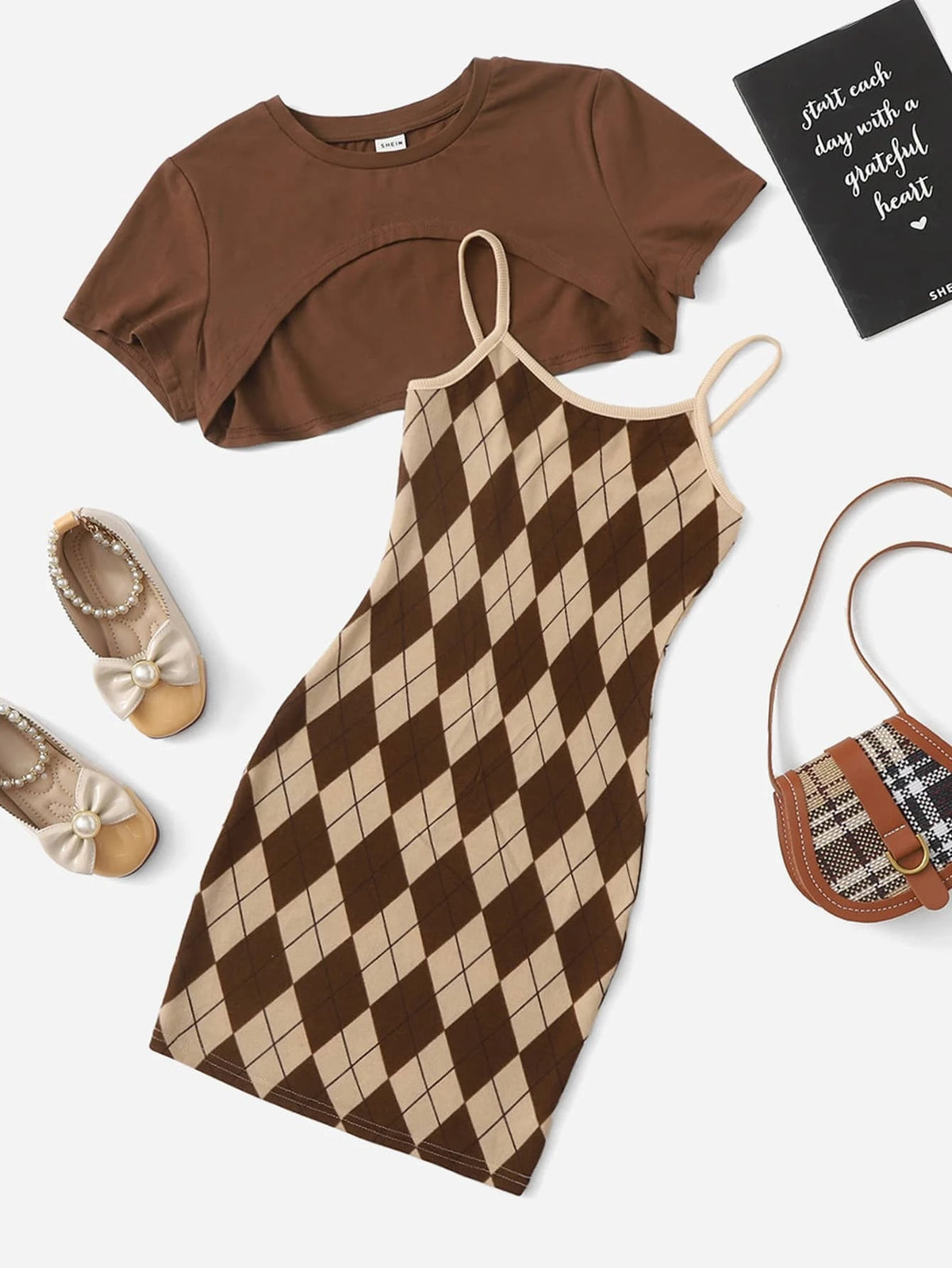 Girls Argyle Print Slip Dress With Super Crop Top
