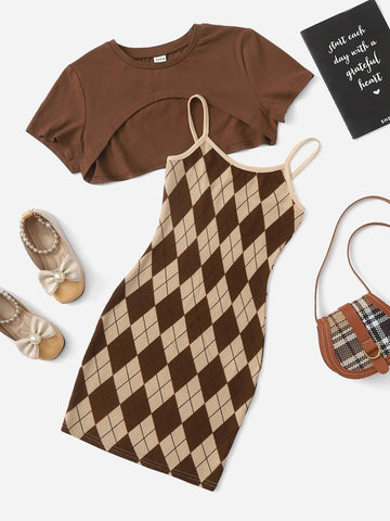 Girls Argyle Print Slip Dress With Super Crop Top