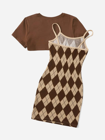 Girls Argyle Print Slip Dress With Super Crop Top