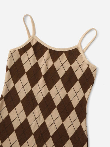 Girls Argyle Print Slip Dress With Super Crop Top