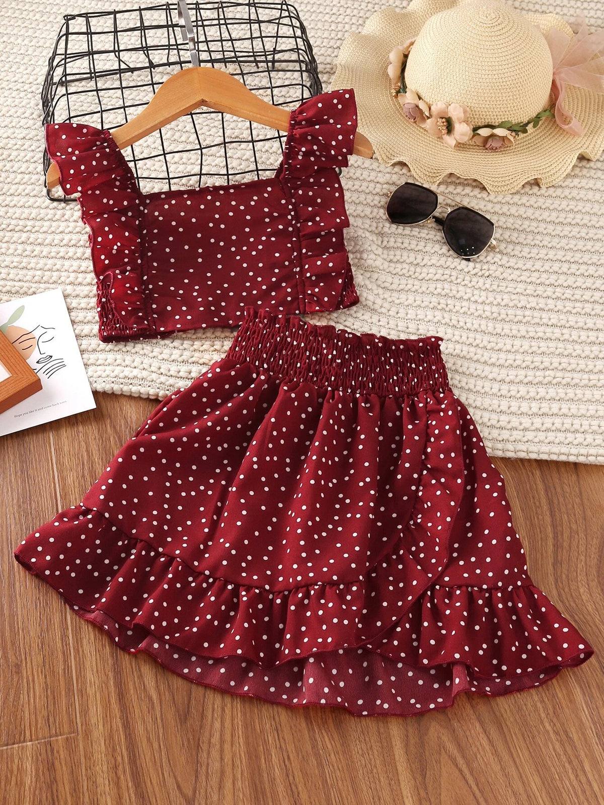 Girls Polka Dot Ruffle Trim Shirred Top & Skirt