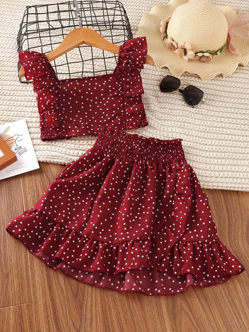 Girls Polka Dot Ruffle Trim Shirred Top & Skirt