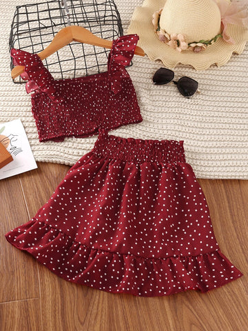 Girls Polka Dot Ruffle Trim Shirred Top & Skirt