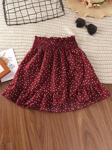Girls Polka Dot Ruffle Trim Shirred Top & Skirt