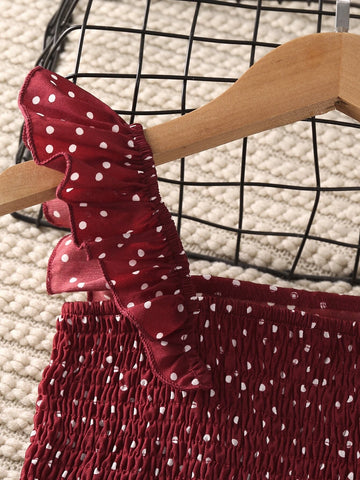 Girls Polka Dot Ruffle Trim Shirred Top & Skirt