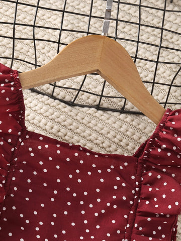 Girls Polka Dot Ruffle Trim Shirred Top & Skirt