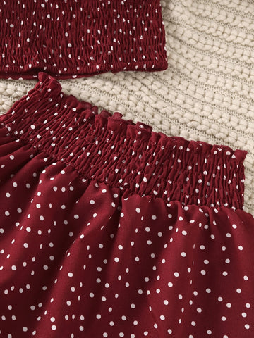 Girls Polka Dot Ruffle Trim Shirred Top & Skirt
