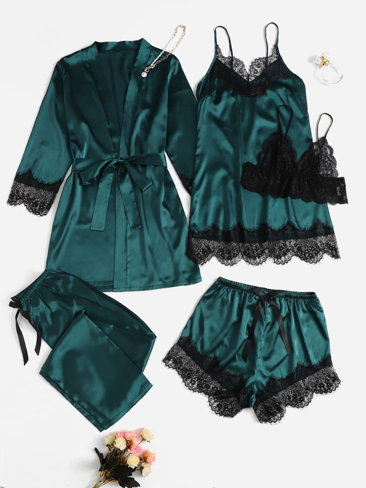 5pcs Contrast Eyelash Lace Bow Detail Belted Satin PJ Set