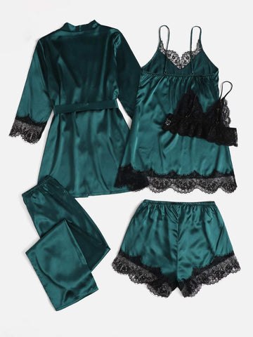 5pcs Contrast Eyelash Lace Bow Detail Belted Satin PJ Set