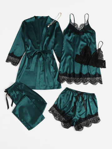 5pcs Contrast Eyelash Lace Bow Detail Belted Satin PJ Set