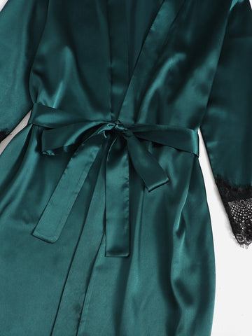 5pcs Contrast Eyelash Lace Bow Detail Belted Satin PJ Set